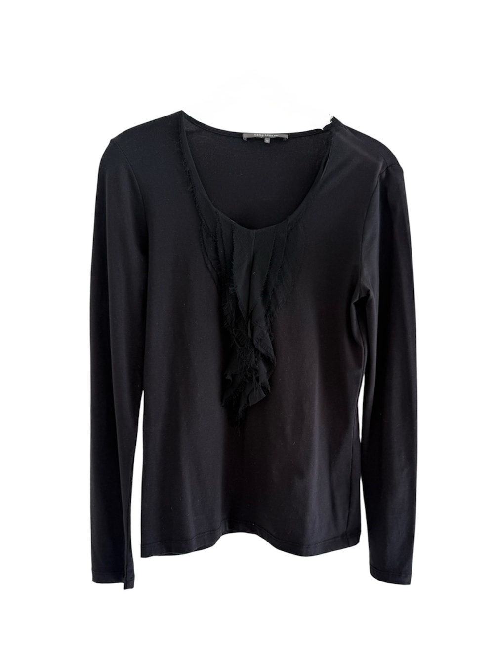 Rene Lezard Black Long-Sleeve Ruffle Front Women's Top. Size 36